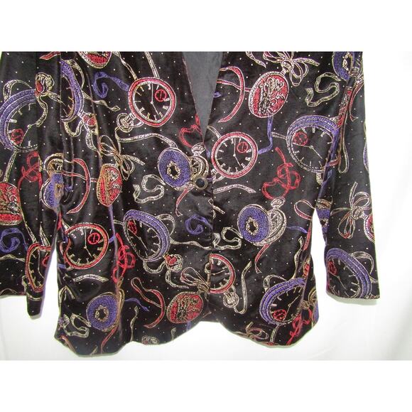 Très Paquette Velvet Blazer Women’s M Black Gold Pocket Watch Print Vintage USA - Picture 2 of 7